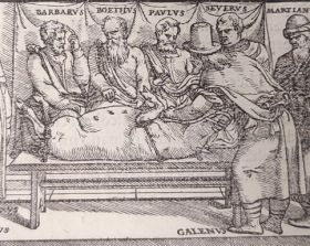 Particolare dal frontespizio [Galenus, Claudius. Galeni prima classis naturam corporis humani …Venetiis, apud Iuntas, 1550. Biblioteca Biomedica]