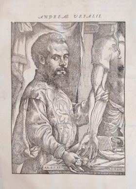 Andrea Vesalio, ritratto nelle prime carte del De humani corporis fabrica, Basilea 1555. [Biblioteca del Dottorato]