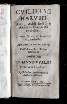 Frontespizio [Guilielmi Harveii … De motu cordis, et sanguinis sanguinis in animalibus, anatomica exercitatio...Bononiae, typis Longhi, 1697. Ex Biblioteca Centrale]
