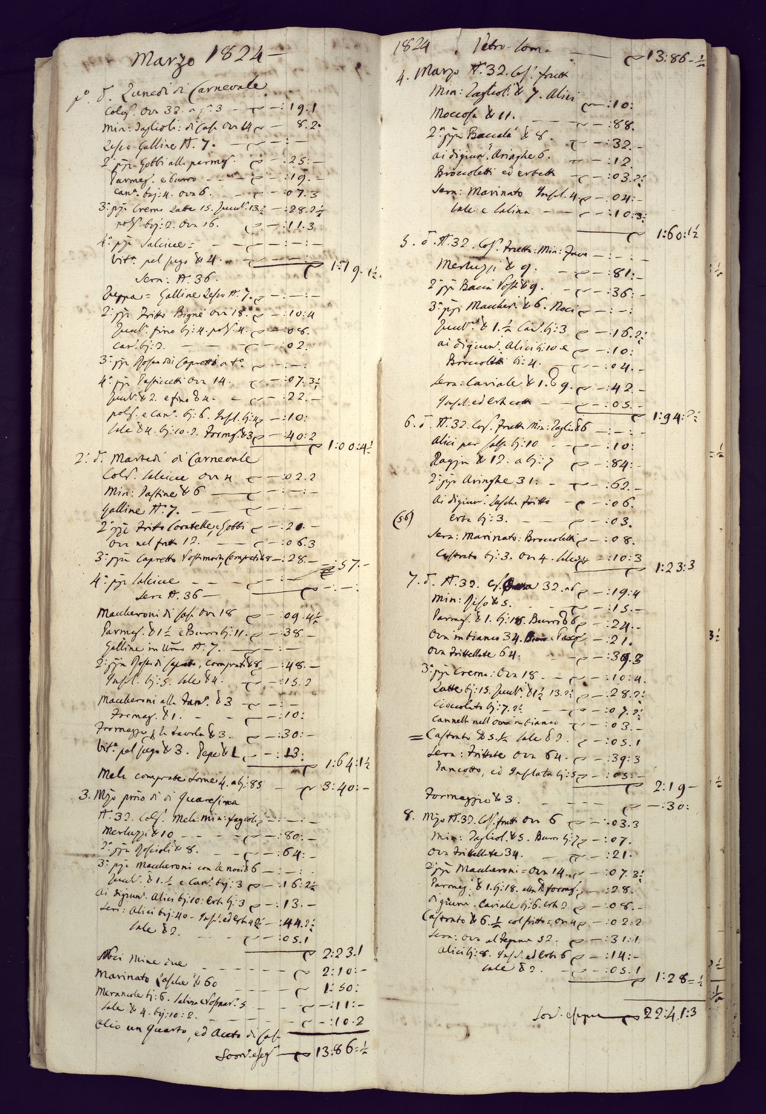 Spese di cucina (1823-1827) ASUPg, Collegio Pio, Vacchette spese di cucina, registro n. 4  Vacchetta cartacea con legatura in cartone e dorso in pergamena