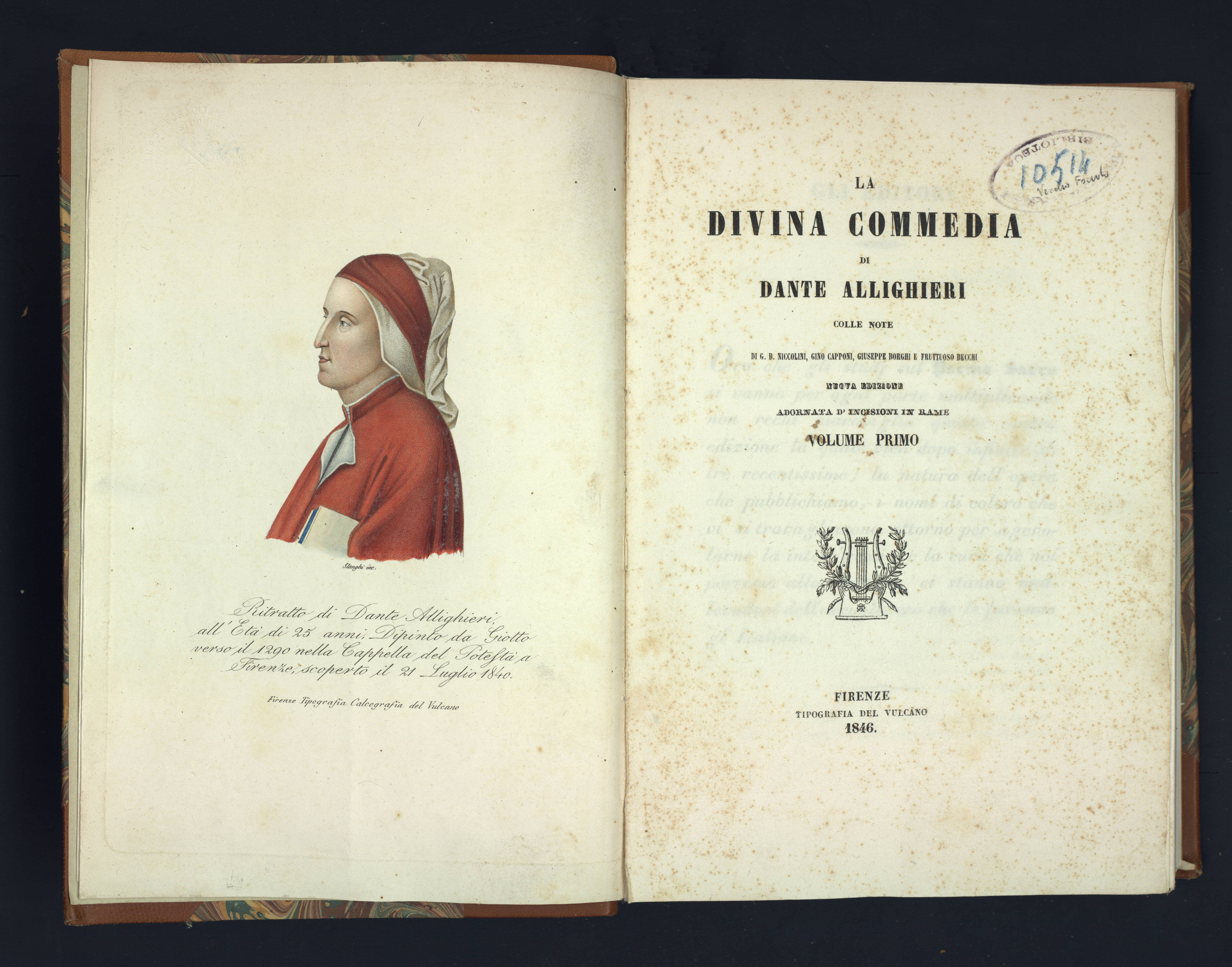 Alighieri, Dante. La Divina Commedia. Nuova ed. adornata d'incisioni in rame. Tipografia del Vulcano, 1848 front.