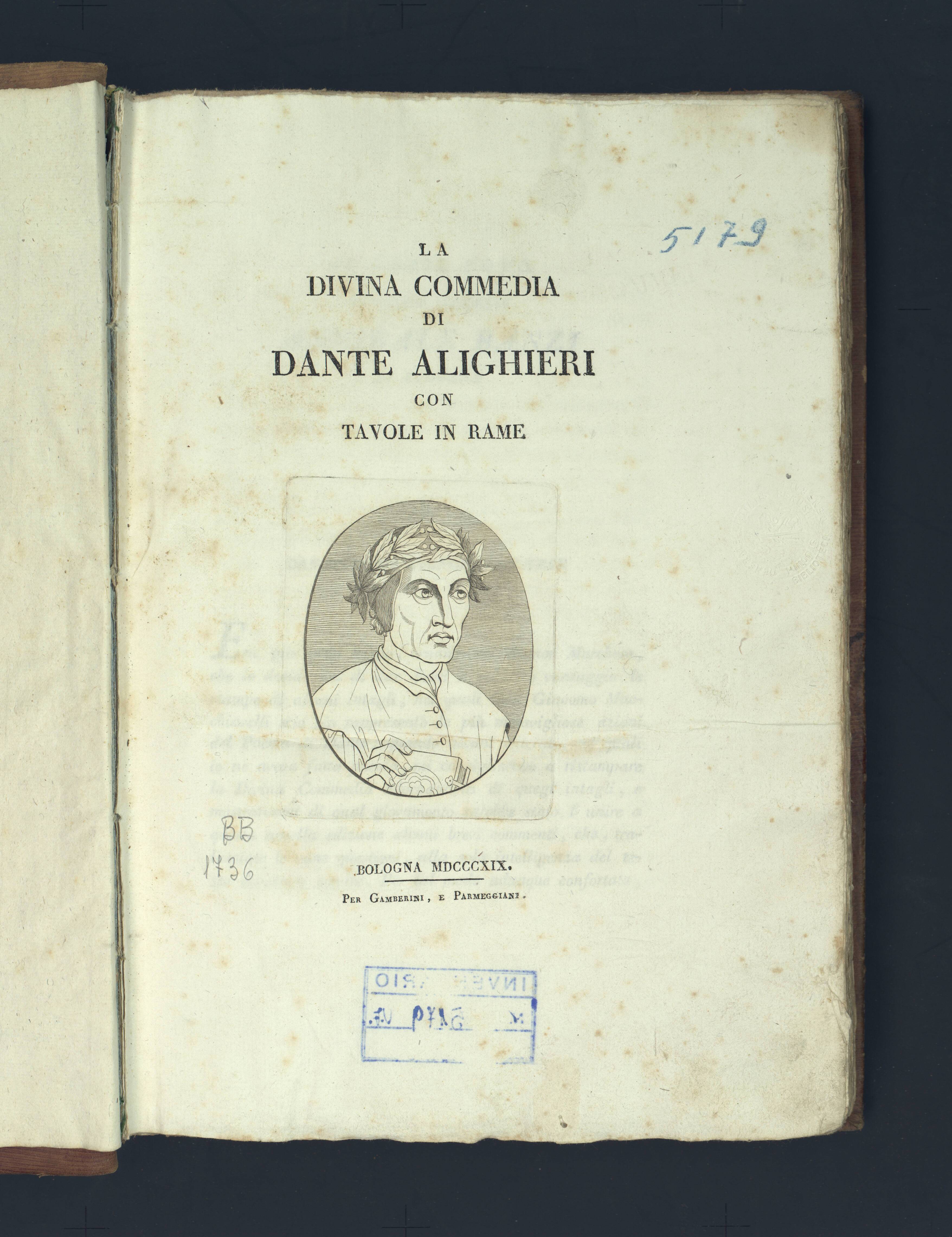 Alighieri, Dante. La Divina Commedia di Dante. Con tavole in rame. Per Gamberini e Parmeggiani, 1819-21 (front)