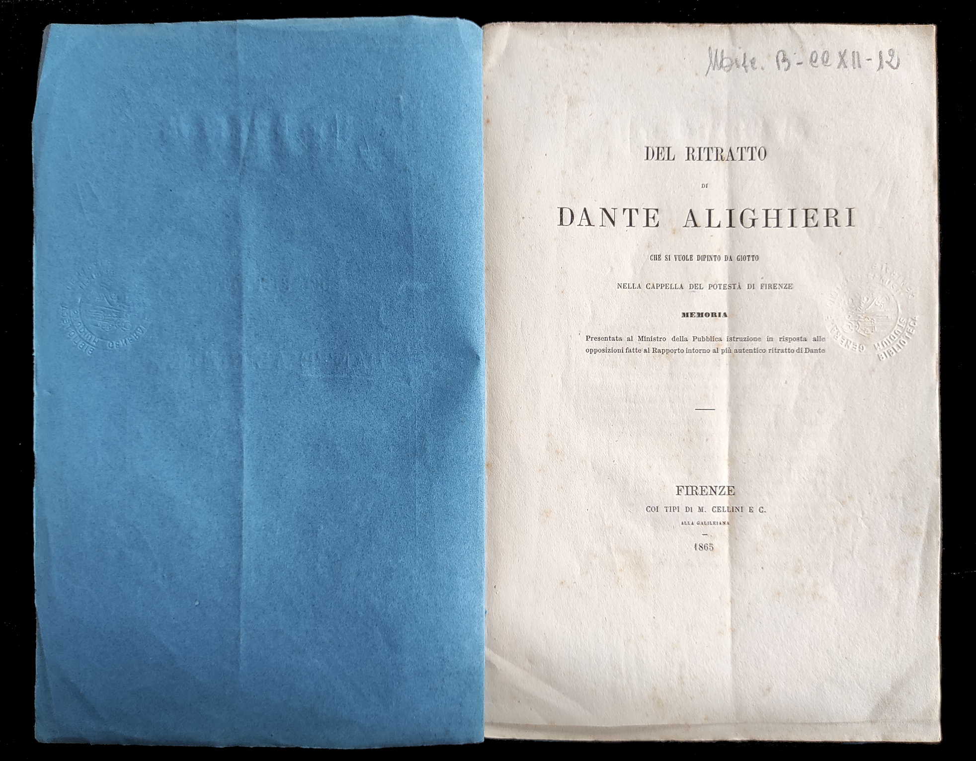 Passerini Luigi, Del ritratto di Dante Alighieri che si vuole dipinto da Giotto nella cappella del Potestà di Firenze,  M. Cellini e C., 1865